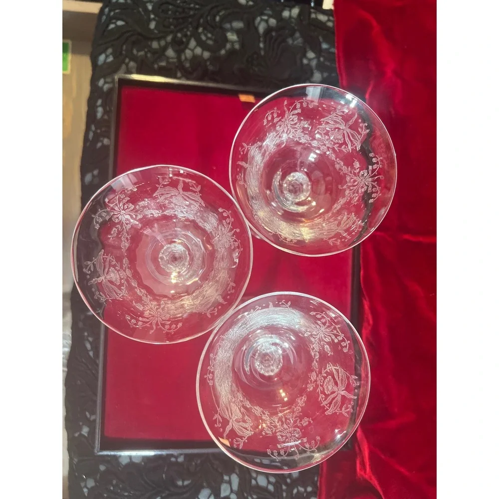 Vintage Fostoria Orchid Etched Crystal‎ Champagne Coupe Glasses Set of 3 5.5